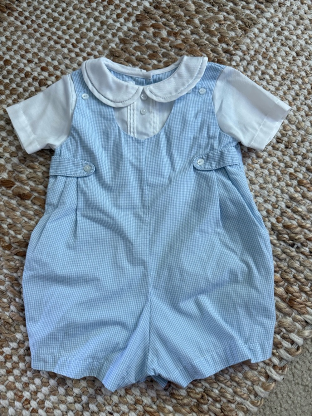 Petit Ami Light Blue Gingham Shortall with White Peter Pan Collar - size 6 mo